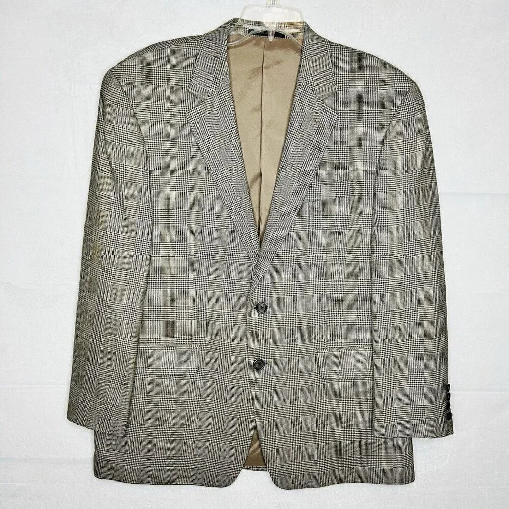 Lauren Ralph Lauren 2-Button Silk Wool Suit 42R Houndstooth Plaid Tan